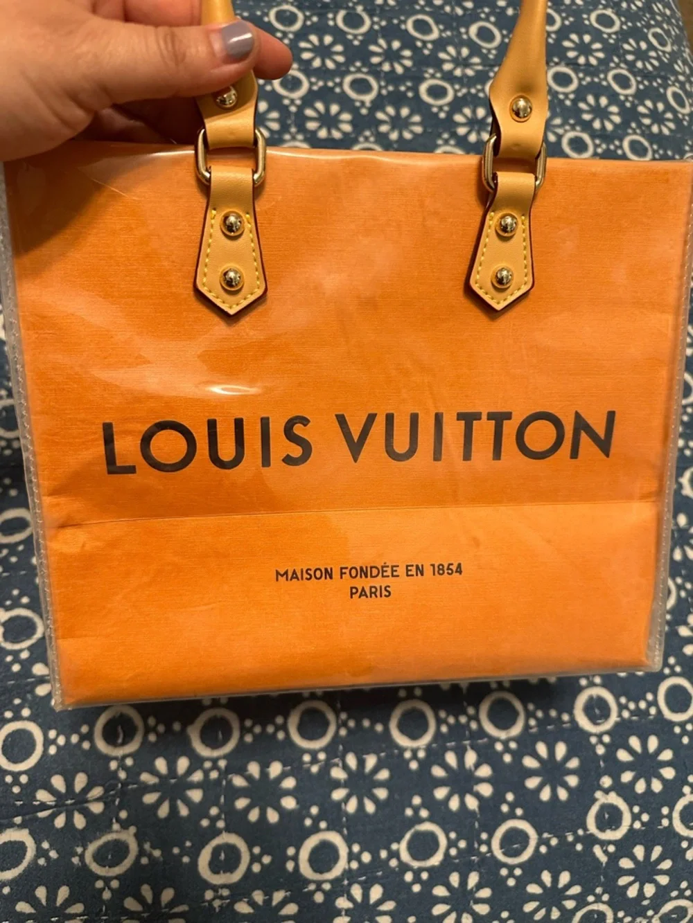 Upcycled Louis Vuitton Orange Shopping Bag Made into a Tote with Tan Handles - Picture 3 of 11